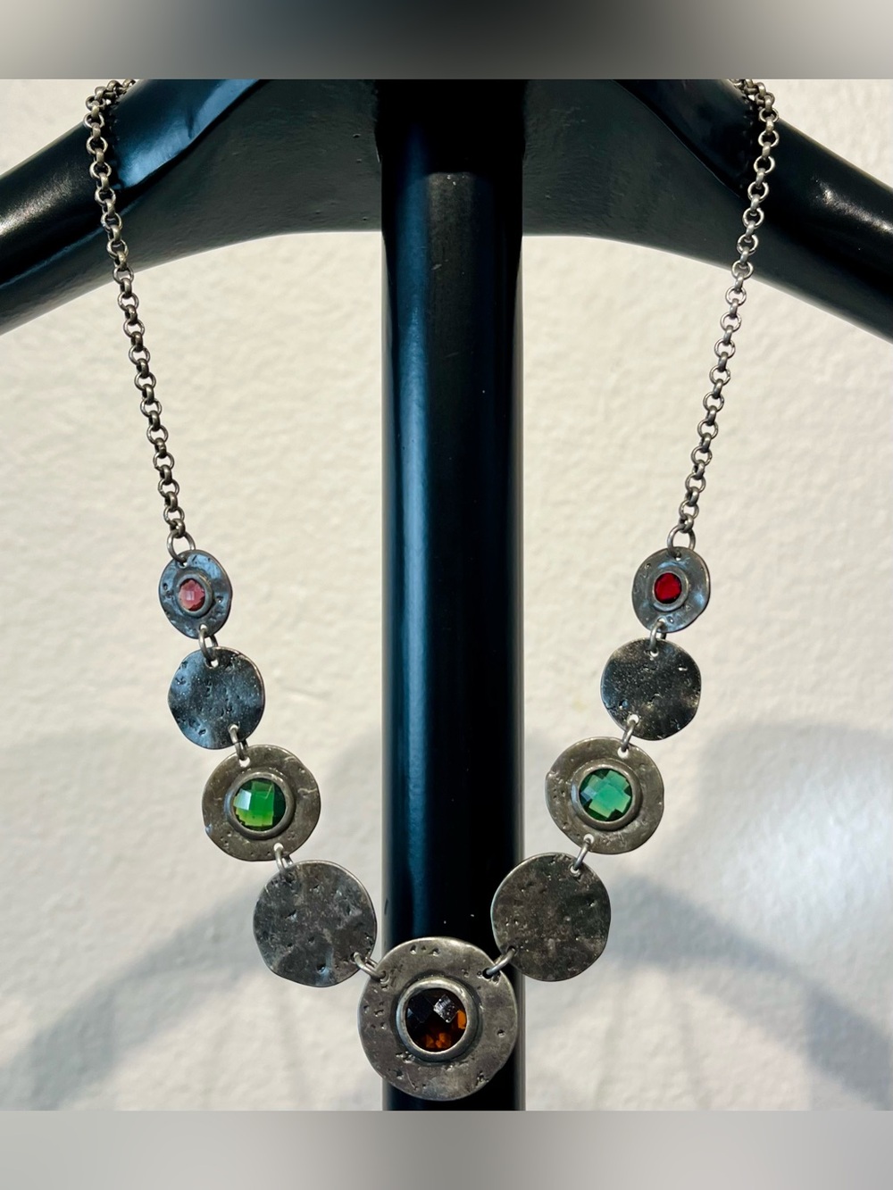 Vintage Silver-Tone Necklace with Green, Red, and Amber Stones